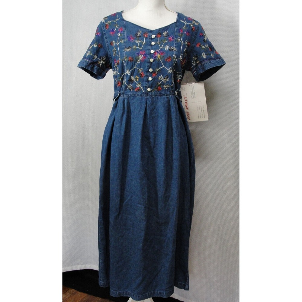 New Vtg 90s Jane Ashley Long Modest Denim Dress Cotton Floral Embroided Womens M
